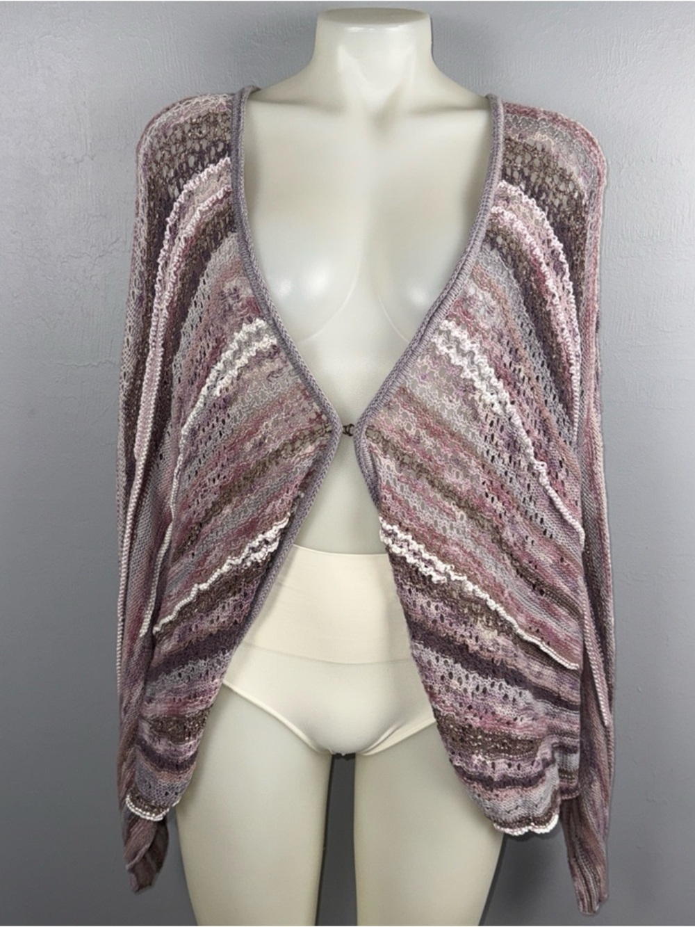 Free People Sweater L Open Knit Linen Blend Multicolor Striped Dolman Boho